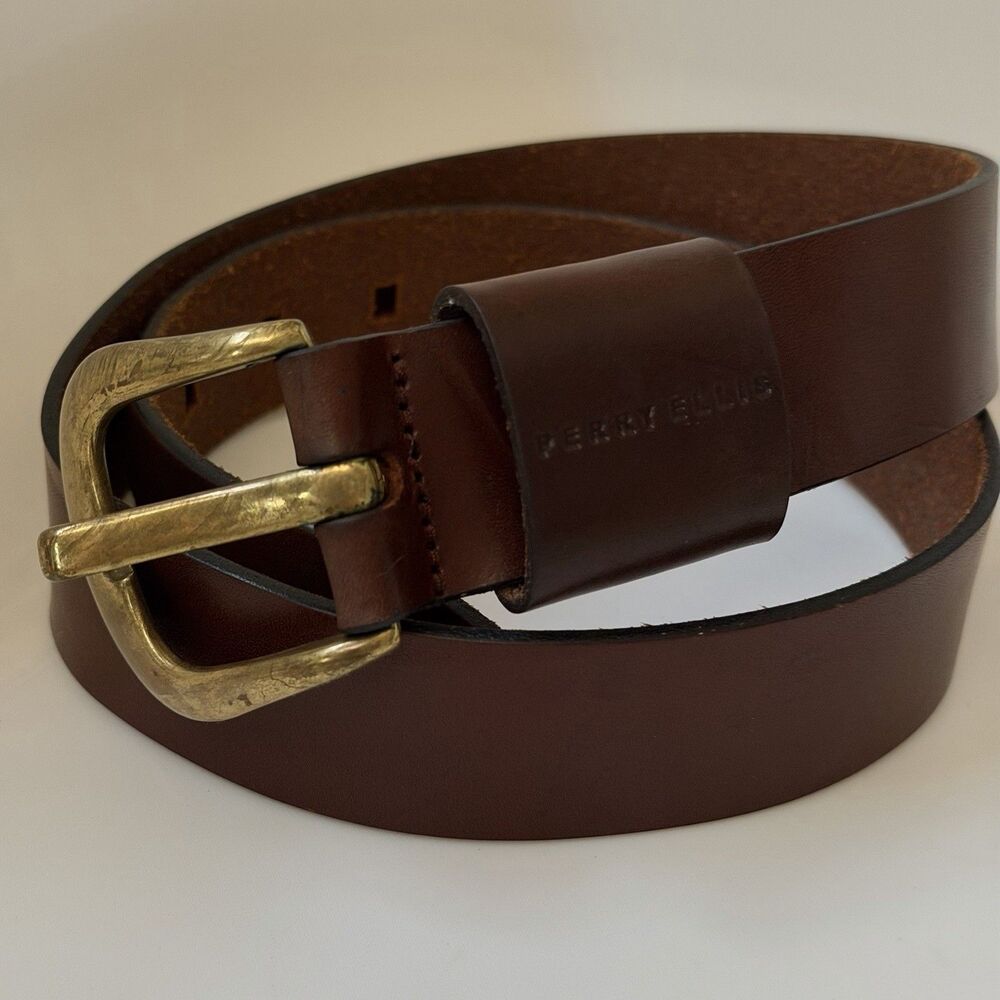 Vintage Perry Ellis Genuine Leather Brown Belt ARGENTINA M 29 Brass-Tone Buckle